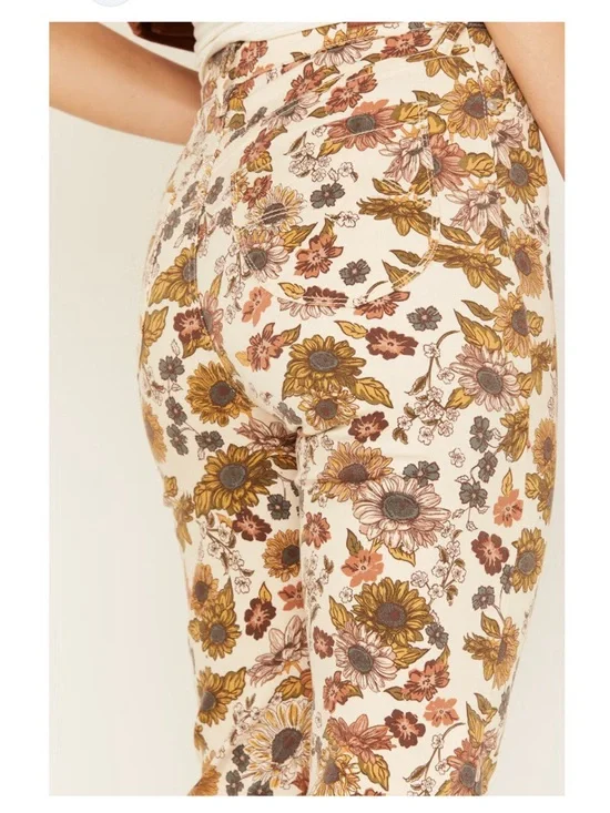 Cleo + Wolf Country Garden Yellow Floral Print High Rise Boot Cut Jeans - Picture 3 of 16